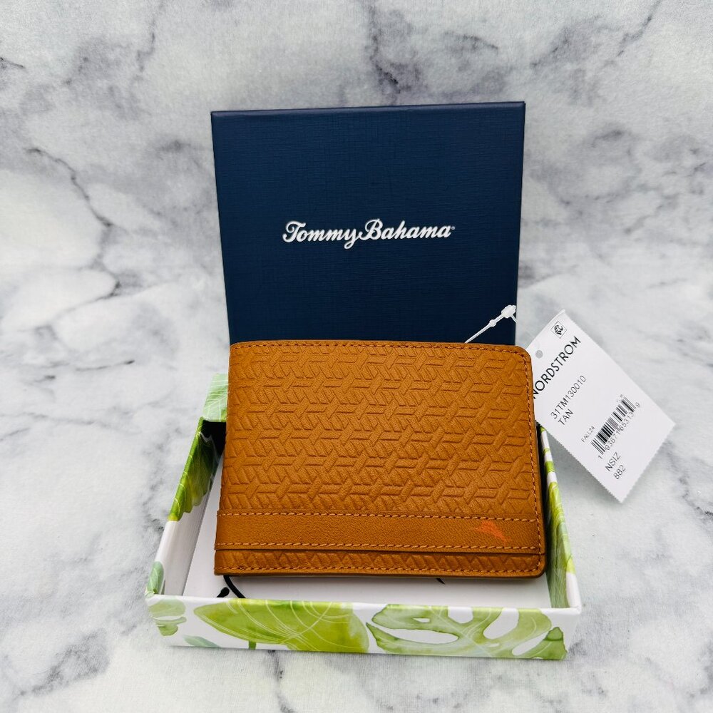 Tommy Bahama Leather Bifold Wallet,Tan Geometric Embossed,Logo Detail,Boxed-NEW